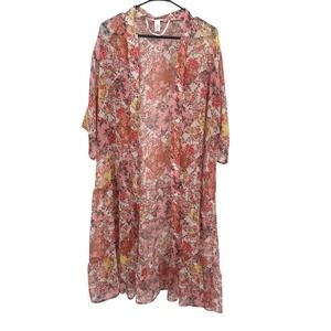 Sheer Floral Kimono Duster OS Pink Patchwork Garden Fairy Boho Cottagecore